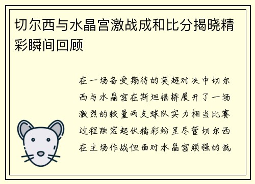 切尔西与水晶宫激战成和比分揭晓精彩瞬间回顾